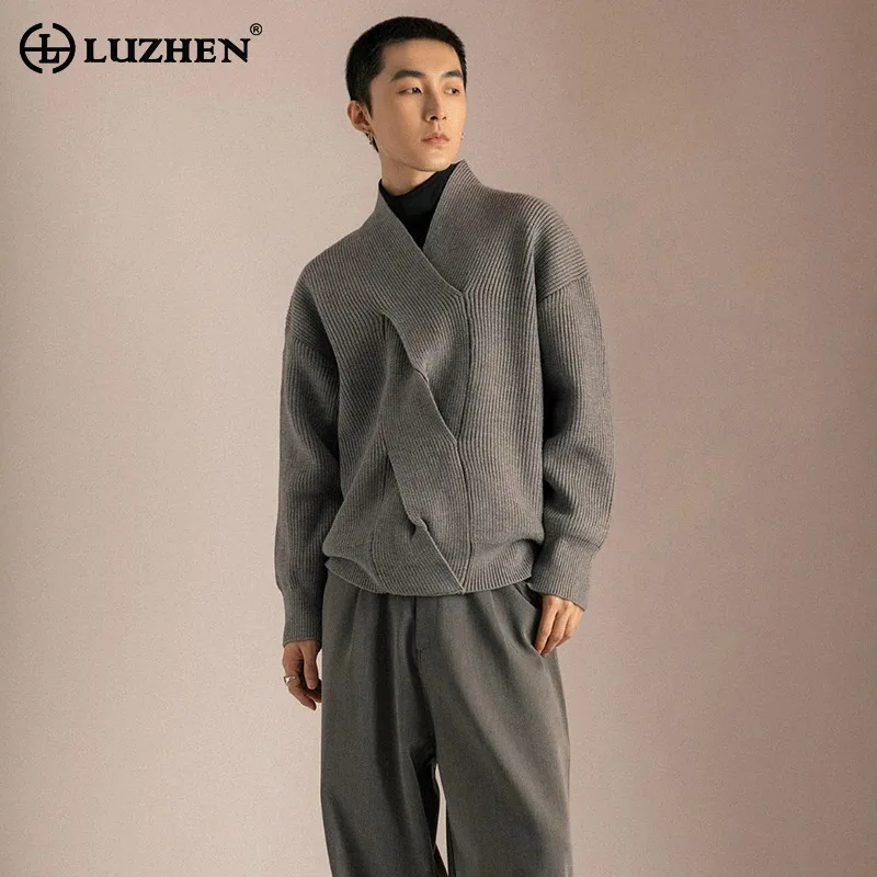 LUZHEN V-neck Niche Design High End Knitted Sweater Loose Trendy Thick Asymmetric Handsome American Male Autumn Tops LZ5834