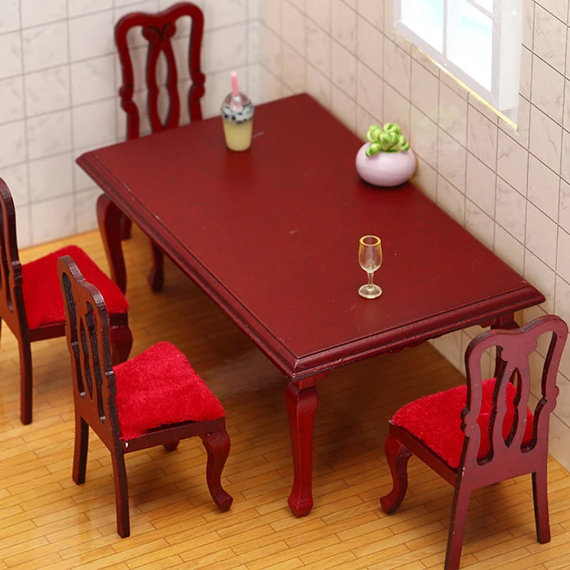 Dollhouse Simulated Wooden Dining Table Chair Set, Retro Miniature DIY Furniture Kit 1:12 Scale