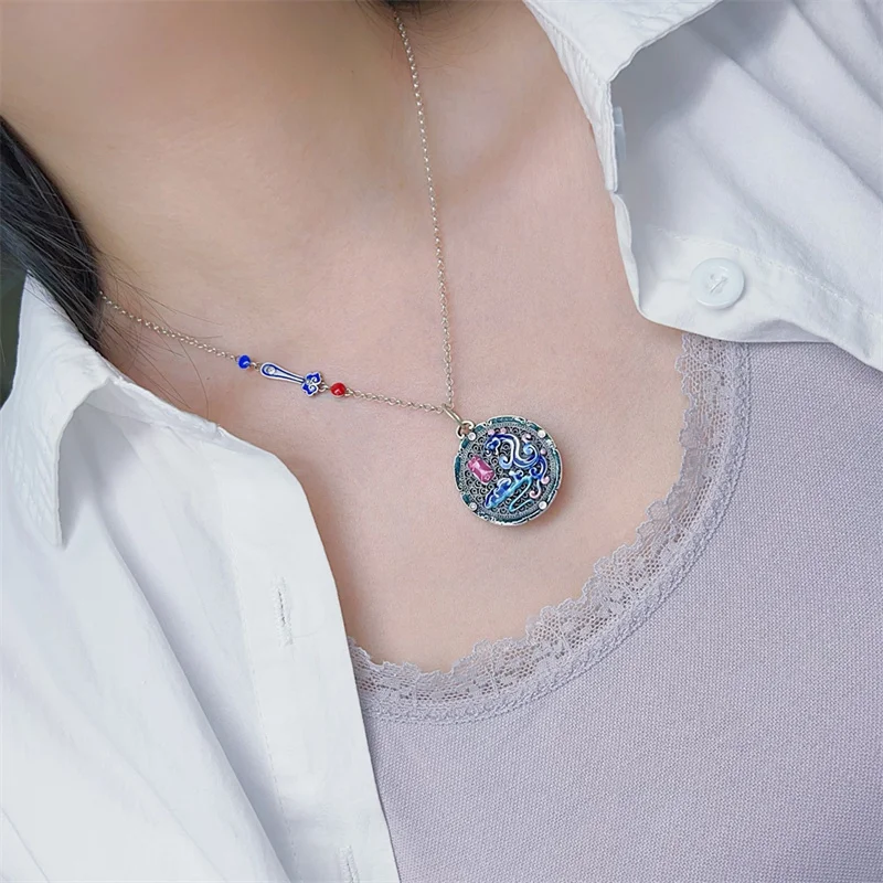 

Sterling Silver Necklace Pendant S925 For Woman Female Girl Retro Style Enamel Original Manual Popular Fashion Boutique Jewelry