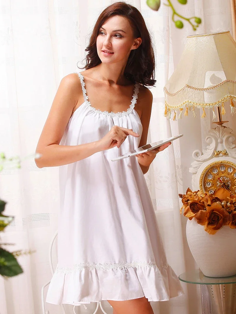 Women Retro Vintage Nightdress Sleeveless Princess Pajamas Nightgown Cotton Spaghetti Strap Loose Ruffles Victorian Sleepwear