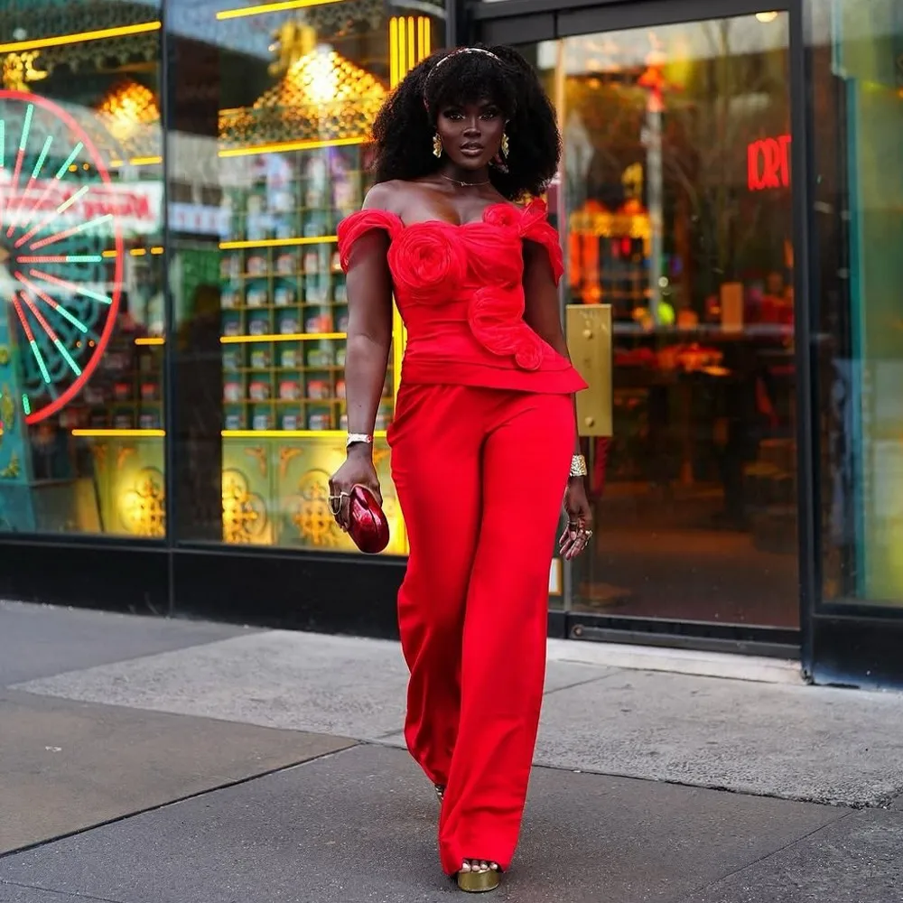 

Christmas Women Jumpsuits Off The Shoulder Draped Sheath Two Pieces Dresses Party Evening New Year Vestidos Aso Ebi Prom Gowns