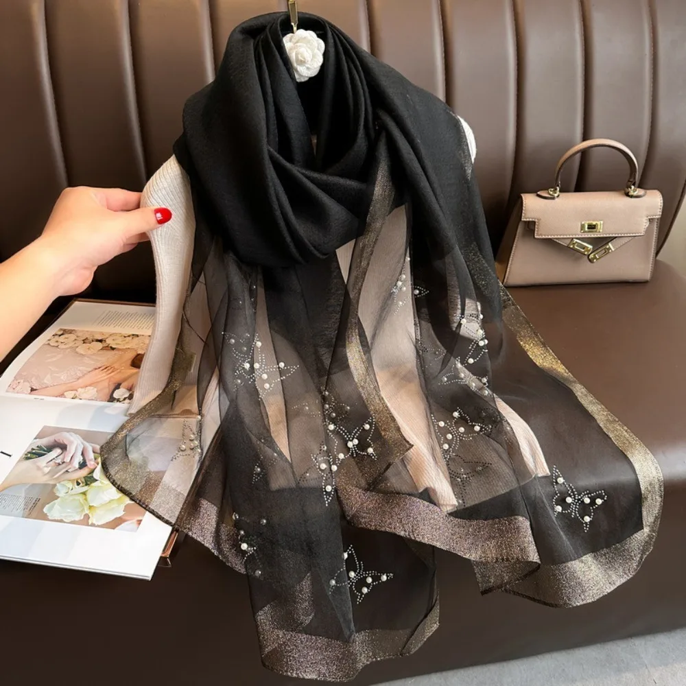 Elegante sciarpa di seta di lusso con strass Morbido e sottile farfalla Scialli Hijab Foulard di perle Sciarpa di pizzo lucido Fazzoletto