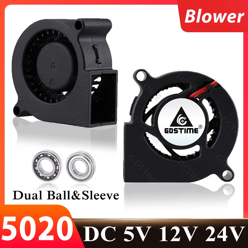 

Gdstime 5020 Blower Fan 24V 12V 5V 50x50x20mm Dual Ball Cooler 2Pin Radial Fan Turbo Blower 50mm Radiator 3D Printer Cooling Fan