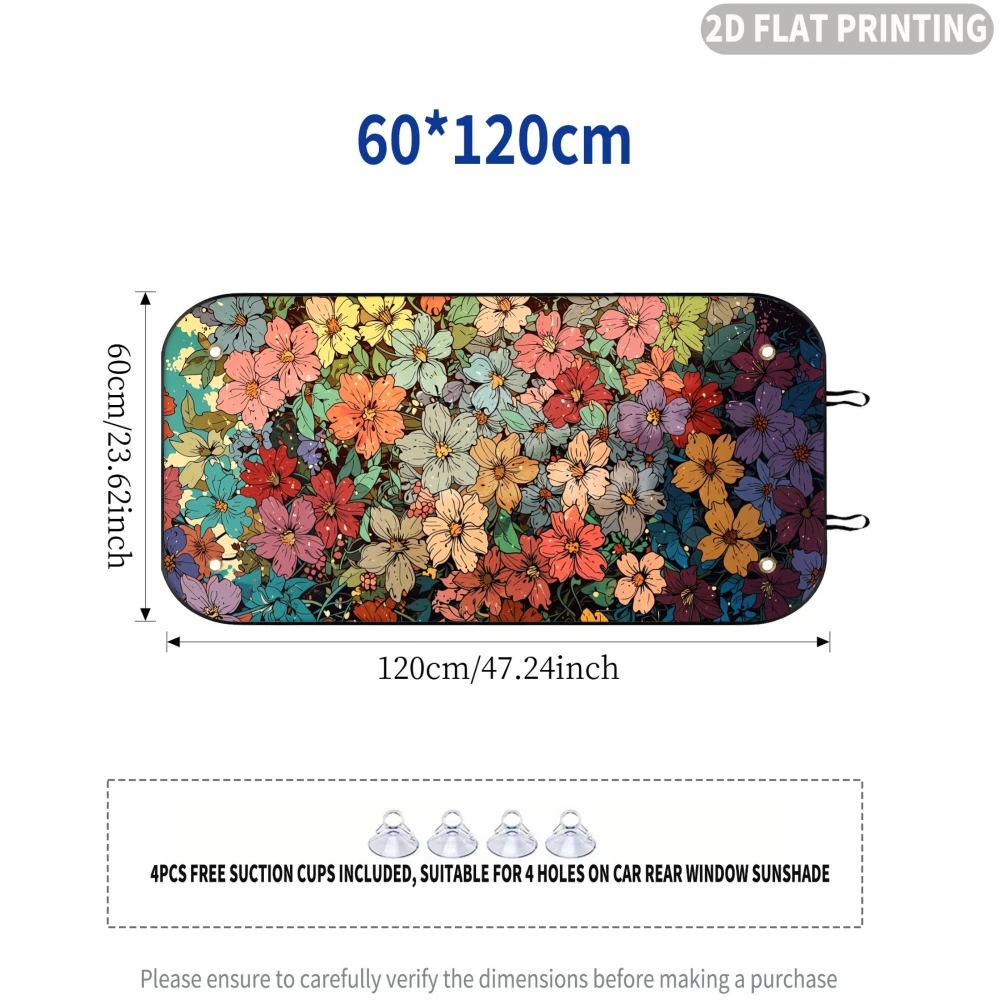 2D FLAT Printing 1pc Car Rear Window Sunshade Colorful Floral Pattern, 4 Suction Cups,  Block Sunlight for 4 Seasons