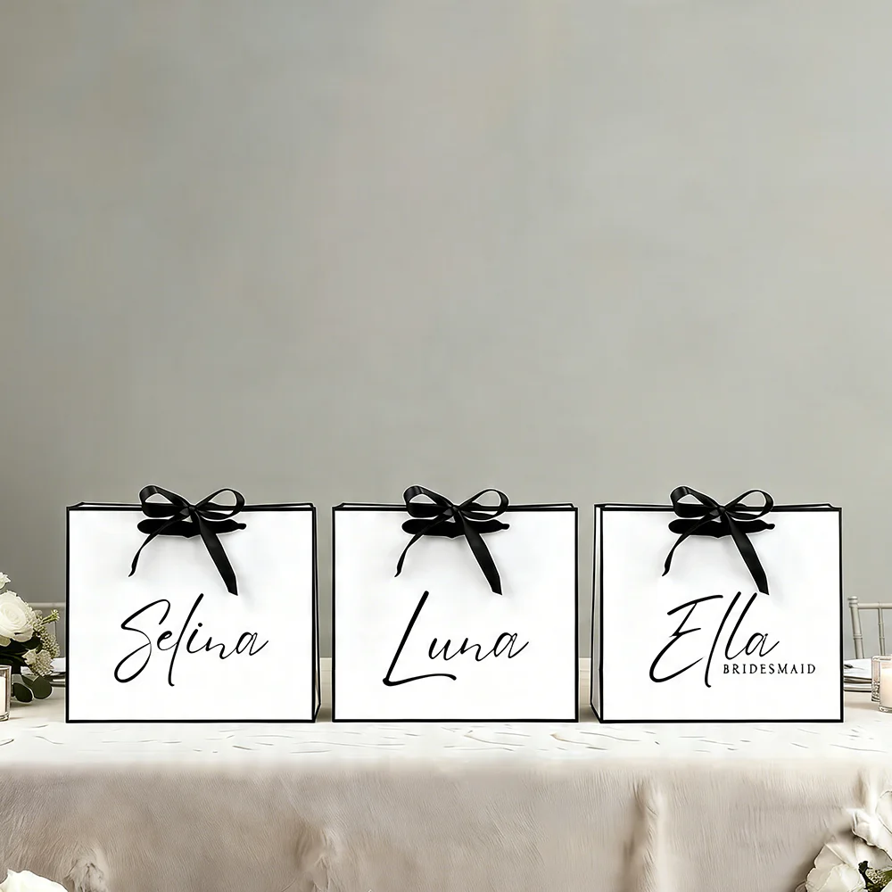 Custom Wedding Bag with Names Personalized Bridal Party Gift Elegant Satin Ribbon Tie Unique Keepsake for Bride Tribe Bridesmaid