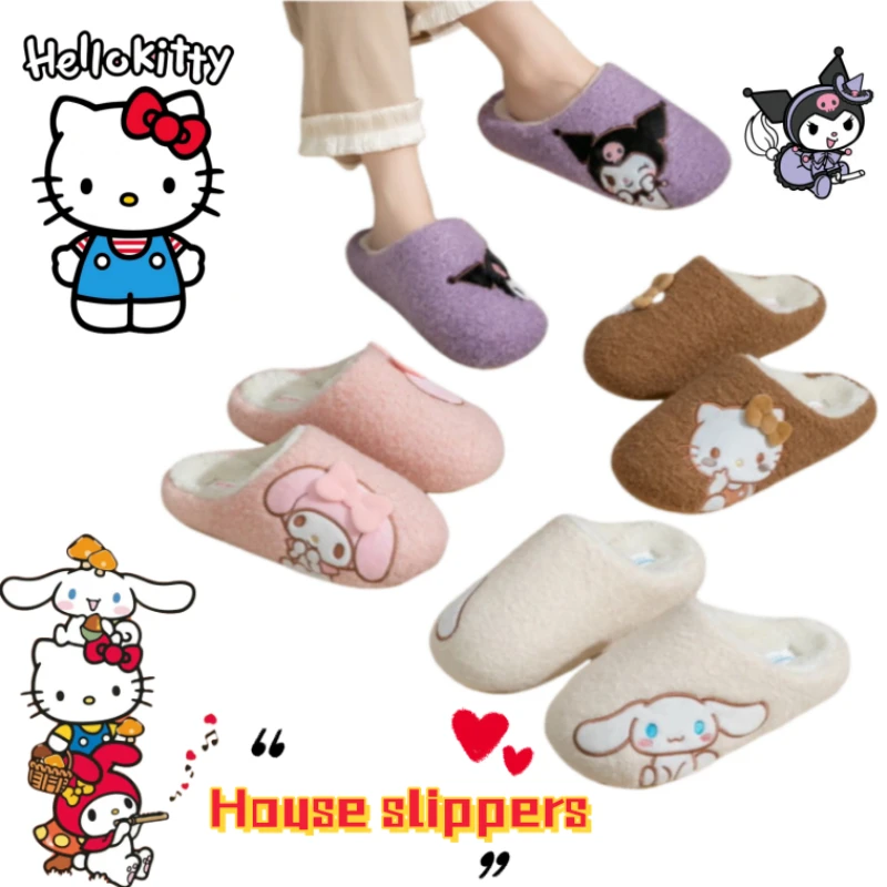 Sanrio Hello Kitty My Melody Kuromi Cinnamoroll baru, sandal manis dan lucu untuk musim gugur dan musim dingin, sandal rumah hangat berbahan katun.