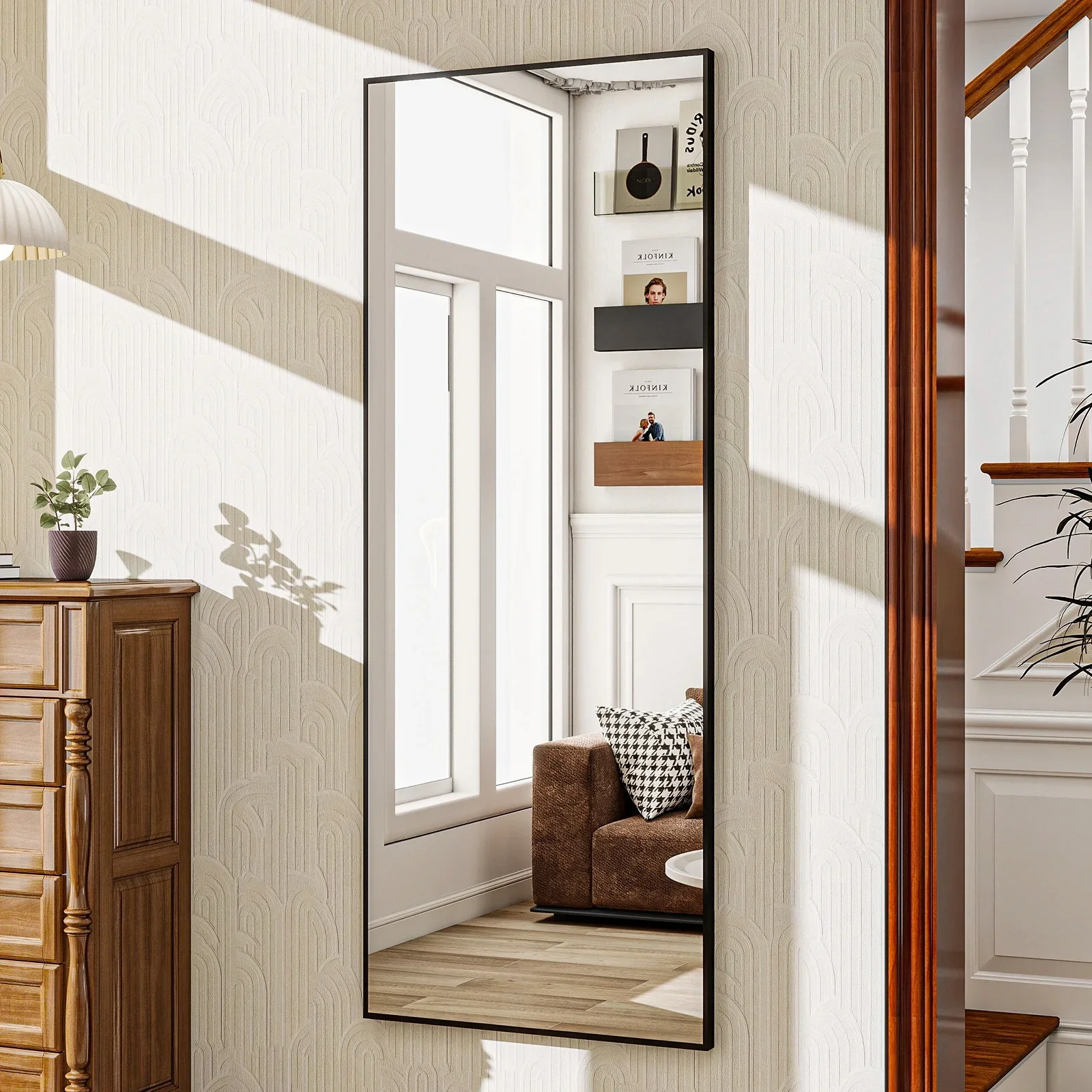Schwarzer Rechteckiger Bodenspiegel 162x53 cm Wandmontierter Lehnspiegel für Wohnraumdekoration