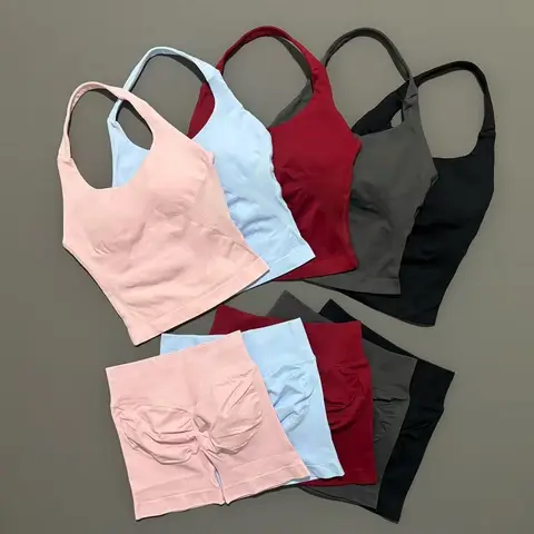 2 Pieces Shorts Yoga Set Women Backless Halter Tops High Waist Seamless Shorts Gym Suit Fitness Sportswear Workout Sets