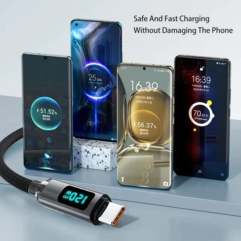 Xiaomi 120w 케이블 USB A 유형 C 초고속 충전 케이블 Huawei Oppo Oneplus Poco Redmi 데이터 케이블 2025 용 디지털 디스플레이