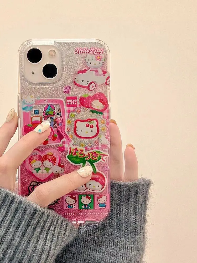 Cute Cartoon Sweet Cool Hello Kitty Bling Glitter Phone Case For iPhone 15 14 13 12 11 Pro Max Shockproof Back Cover