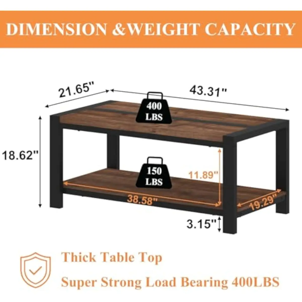 Rustic Industrial Coffee Table with Dual-Tier Open Shelving • Heavy-Duty Metal Frame Supports 400 LB Top / 150 LB Base • 43.3 In
