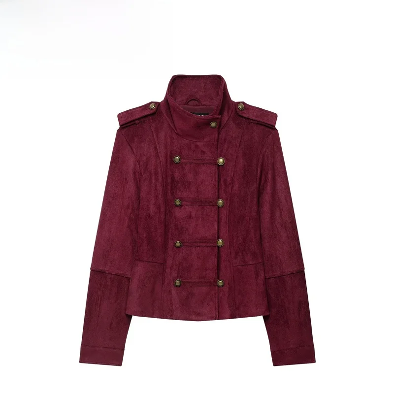 Fashionable Women's Biker Jacket Faux Suede Reverse Zipper Effect Standard Fit Long Sleeve Short Coat Double Button Closure