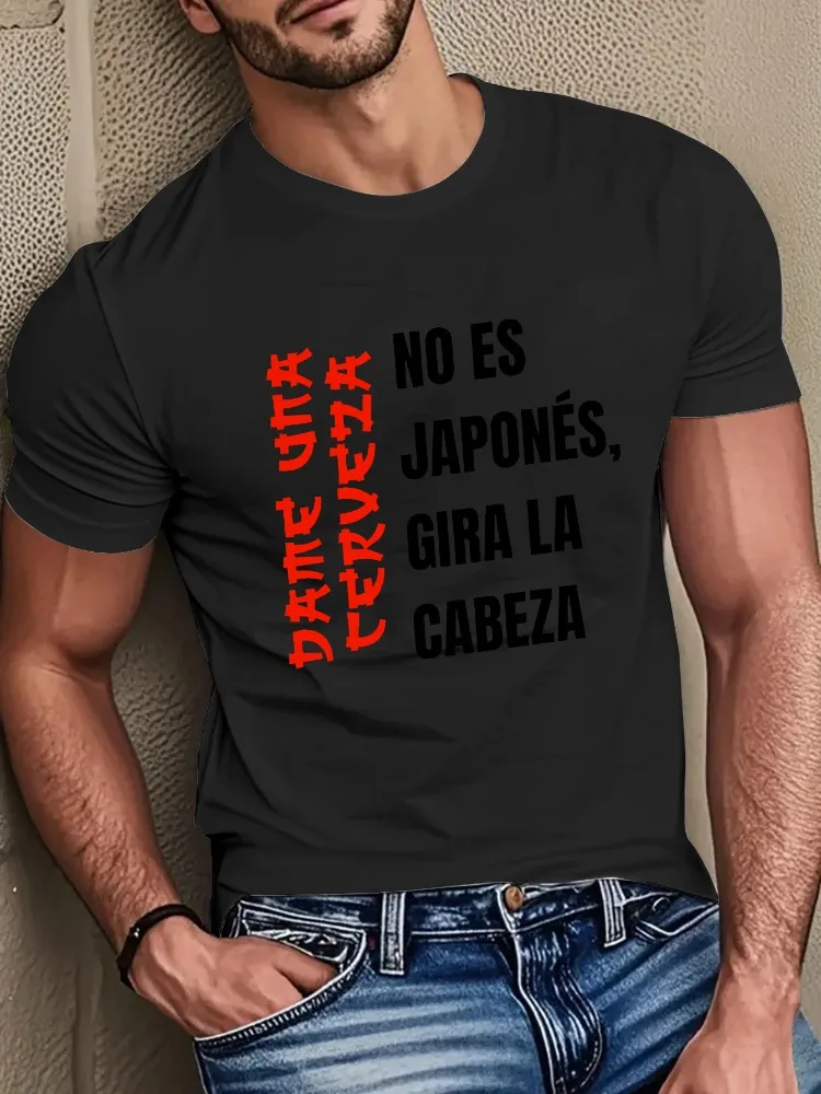 Mens Soft Cotton Tee Spanish Japanese Mixed Funny Letter Print Humor Joke Casual Male Daily Short Sleeve Street Fashion Top
