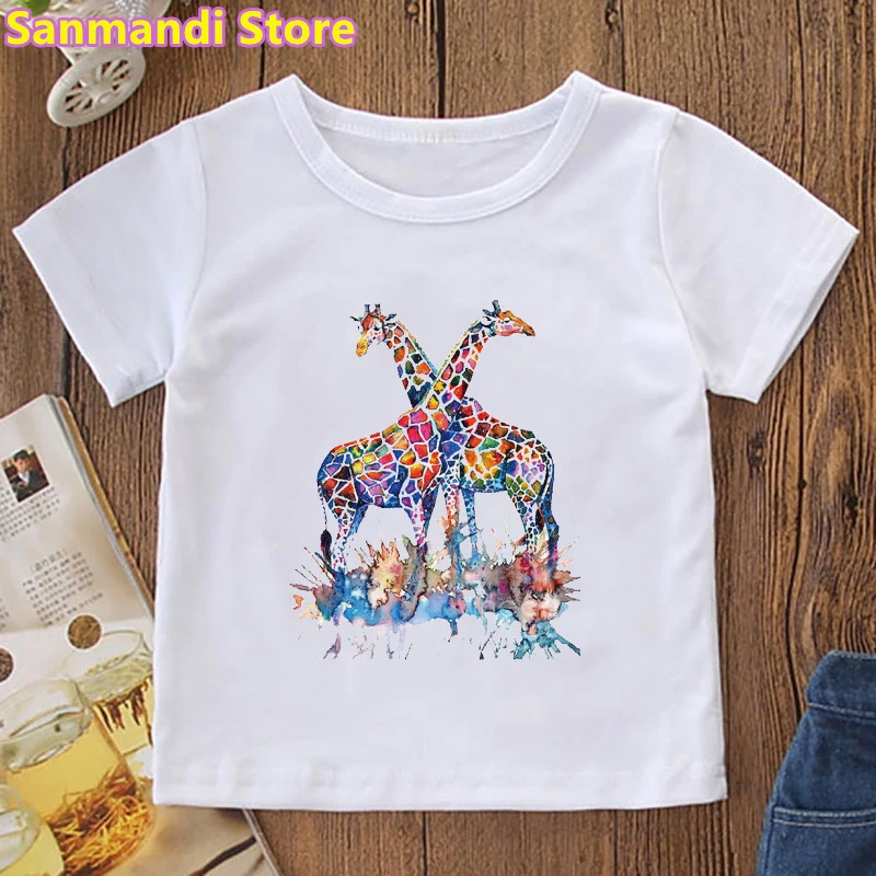 New Arrival 2021 Funny Kids Clothes Watercolor Giraffe Wearing Sunglasses Animal Print T Shirt Girls/Boys Children Clothing