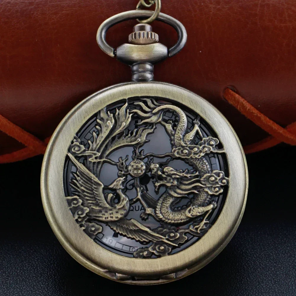 Dragon-Phoenix Carved Retro Quartz Pocket Watch Necklace Classical Dial Bronze Case With Chain Unisex Pendant Gift For Women Men