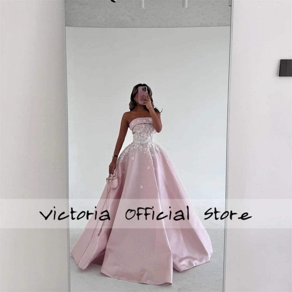 Atractivos Vestidos De Fiesta De satén apliques sin tirantes plisado sin manga hasta el suelo Vestidos De Fiesta personalizados