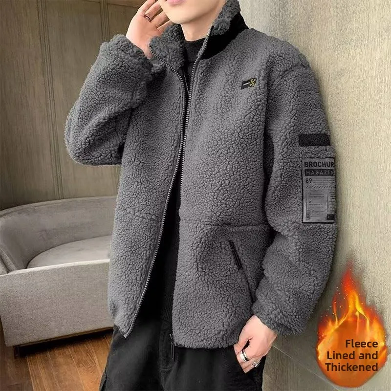

Thiened Lamb Velvet Hoodie Men's New Autumn Winter Fce Anti-Cold Warm Cardigan Outerwear Trendy Zipper Closure Soli...