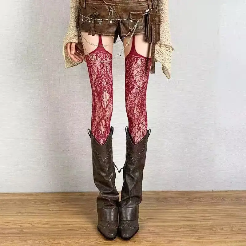 Nuevas medias de red marrones estampadas para mujer, calcetines sexis de café calados hasta el muslo, calcetines góticos de Lolita japonesa por encima de la rodilla, calcetines largos