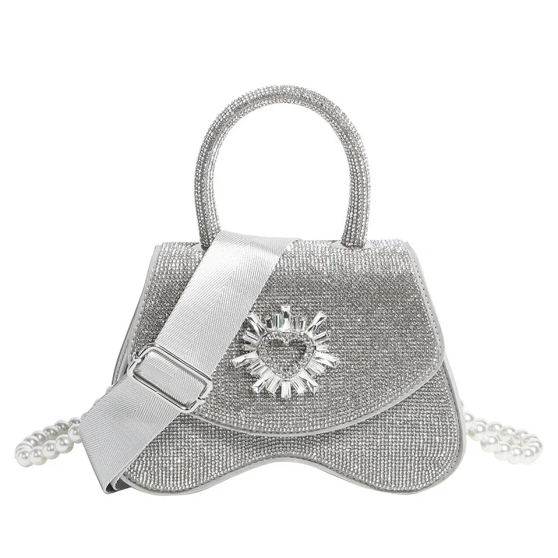 

Spring and Summer New Hot Diamond Silver Pearl Chain Handbag Banquet Dress Single Shoulder Crossbody Water Diamond Women's Bag