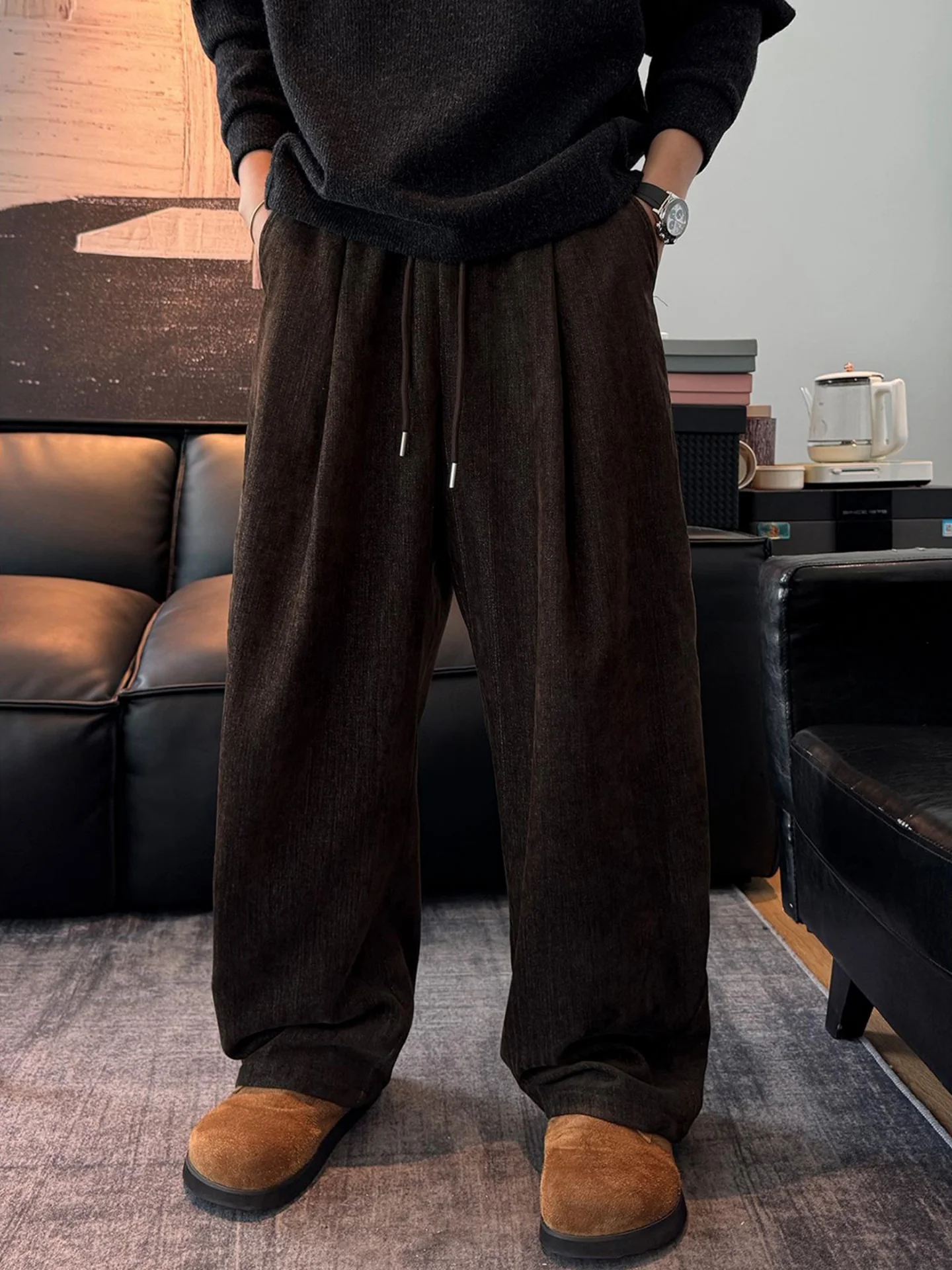 

Men's Casual Pants Thiened Fce Lined Wide Leg Straight Cut Winter Leisure Trousers Comfortable Loose Fit Knife