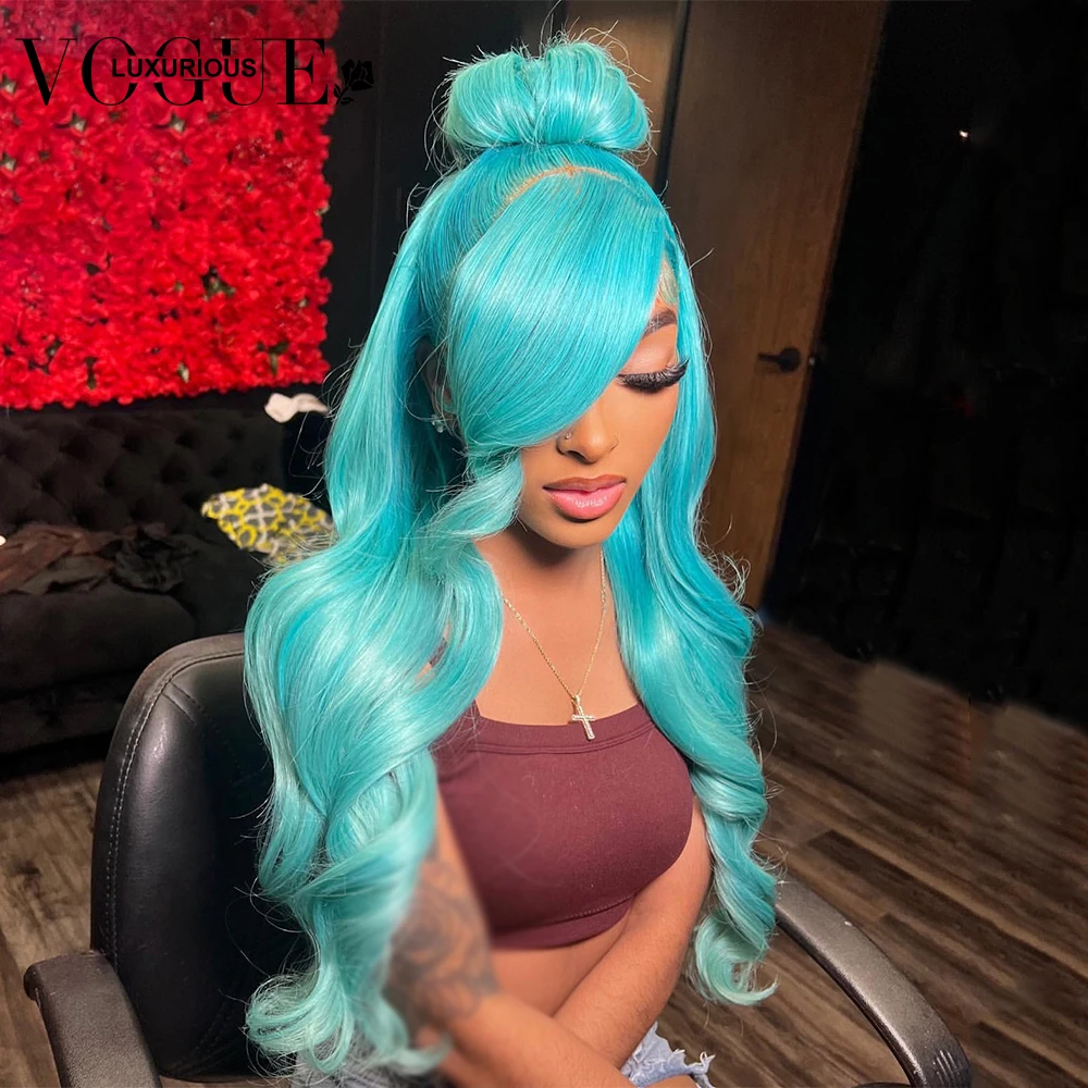 Pelucas de cabello humano liso de color azul Lago, peluca Frontal de encaje transparente prearrancada 13x4, onda corporal 613, peluca Frontal de encaje, peluca de Cosplay