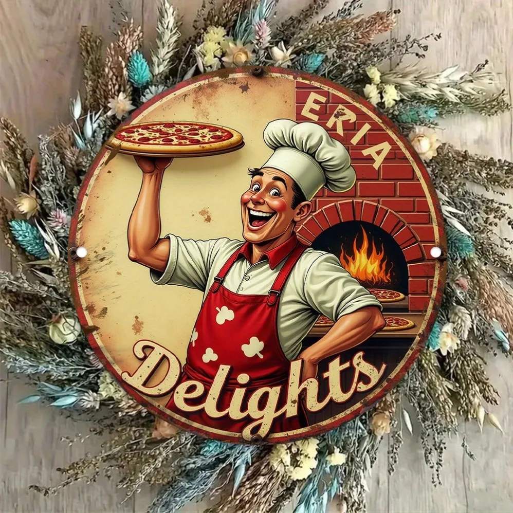لافتة قصدير معدنية كلاسيكية مبتكرة ثنائية الأبعاد "Happy Chef Holding Delicious Pizza" - فن القصدير لديكور المنزل، فن جداري ممتع | مناسبة للمنزل #6