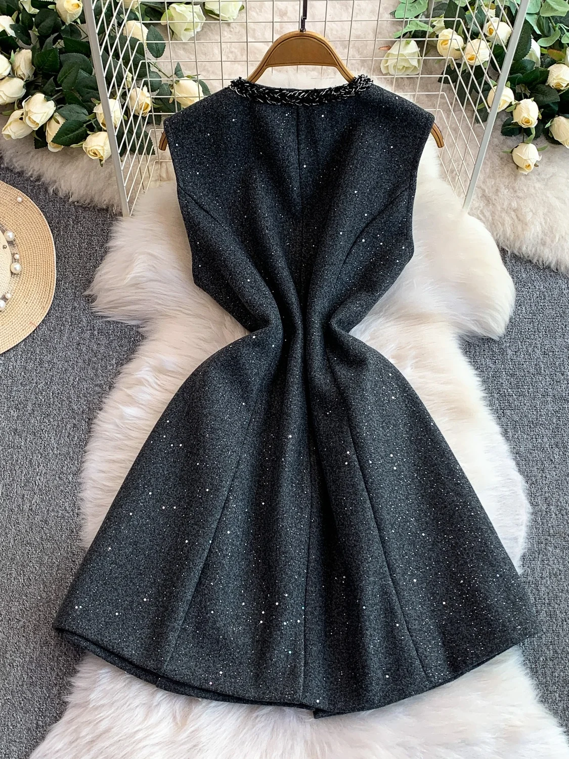 iny Paillettes rotonde Ne Midi Dr Gonna a trapezio dimagrante in materiale di lana da donna Ci Pendolarismo Adatto a vita alta