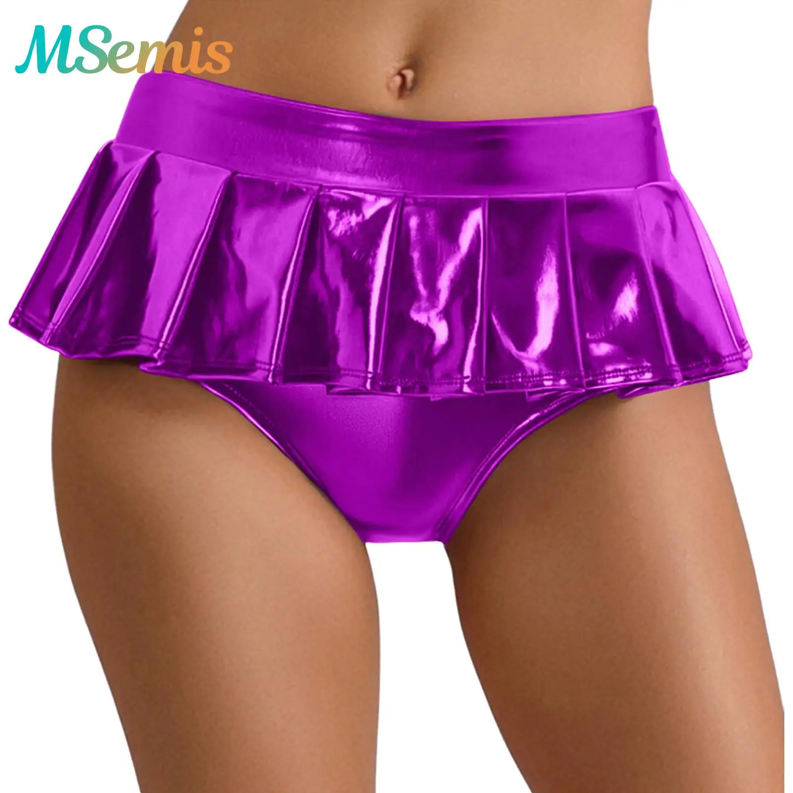

Womens Metallic Shiny Mini Skirt Night Club Pleated Skirted Underwear Culottes Micro Mini Skirt Pole Dancing Clothing Club Wear