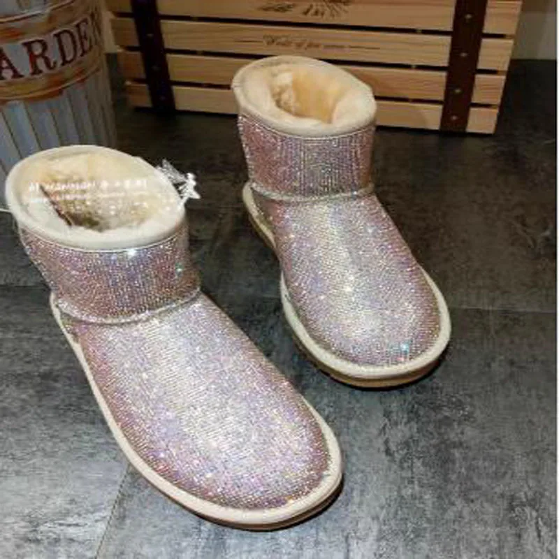 Winter Girls White Black Colorful Bling Full Crystal Rhinestone Round Toe Flat Short Mid-calf Snow Boots Warming Cotton Shoes