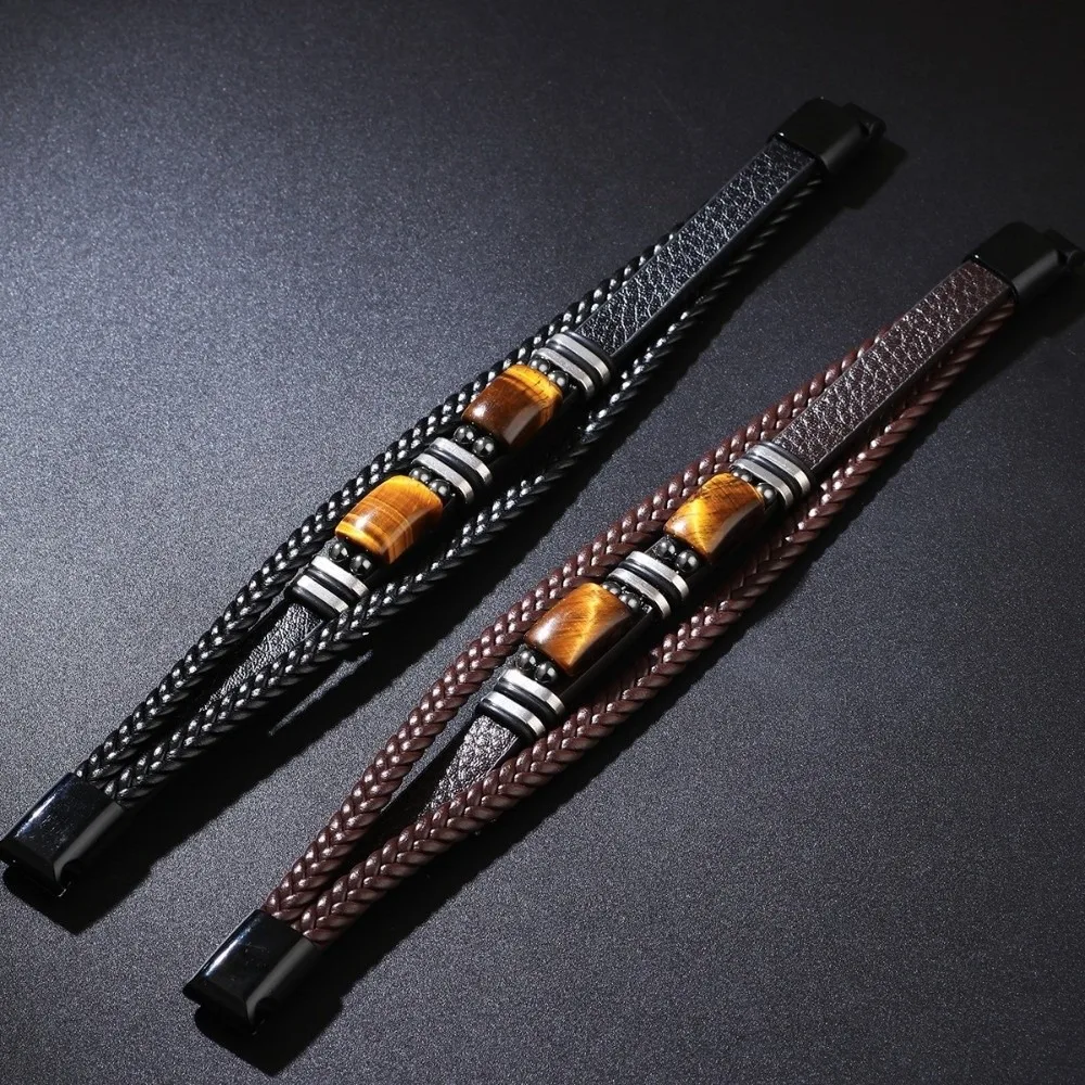 Wristband Bracelet Multi-Layer Tiger Eye Stone Bracelet Adjustabl Retro Leather Bracelet Braided Handmade Beaded Bracelet Men