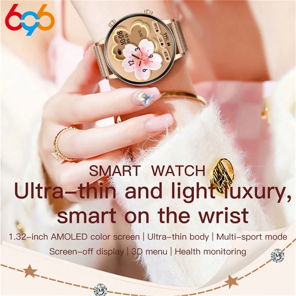 Nova tela amoled senhora relógio inteligente azul dente chamada menu 3d relógio de saúde assistente voz esportes menina smartwatch ip68 à prova dip68 água