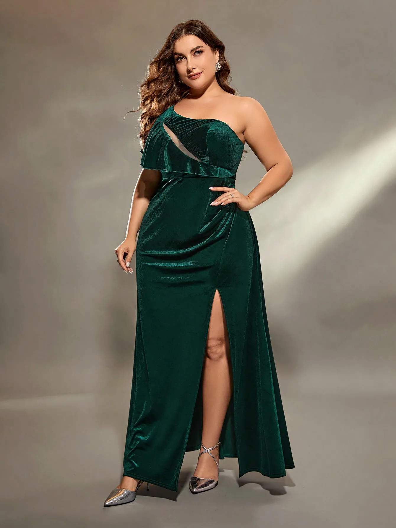 Mgiacy plus size One shoulder chest pleated cutout slit velvet fishtail skirt Evening gown Ball dress Party dress