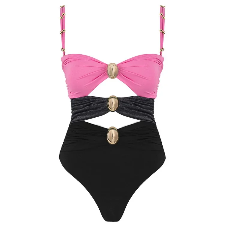Para Praia  Patchwork One Piece Swimsuit with Chain 2025 Swimwear for Women Sexy High Cut Bathing Suit High Waist Monokini