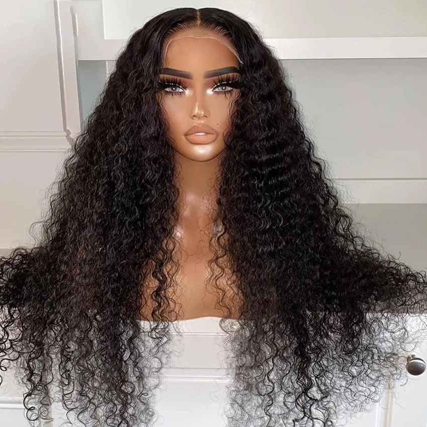 Perruque Lace Front Wig crépue bouclée noire naturelle pour femme, cheveux de bébé, densité 180, 26 pouces de long, sans colle, préplumée, degré de chaleur, 03