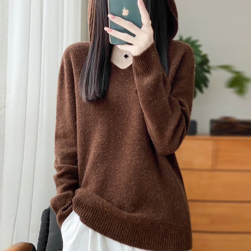 Women\'s Autumn Winter Pullover Hooded V-Neck 100% Pure Wool Dot Yarn Knitted Sweater Long Sleeved Slim Fit Loose Fashionable Top