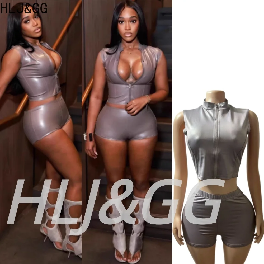 HLJ&GG Gray Trend Leather Shorts Two Piece Sets Women Zipper Sleeveless Slim Crop Top And Shorts Outfits Fashion 2pcs Streetwear