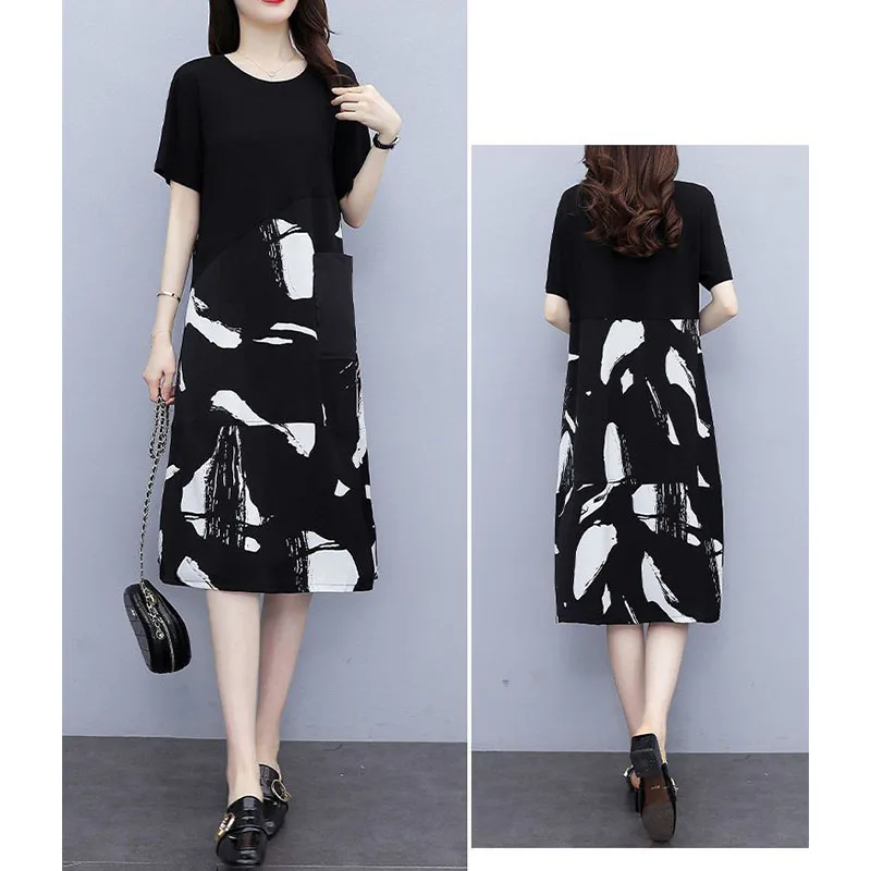 Oversized 7XL Big Size Woman Vintage Midi Dress Korean Summer New Short Sleeve Black White Pullover Chic Fashion Casual Dresses