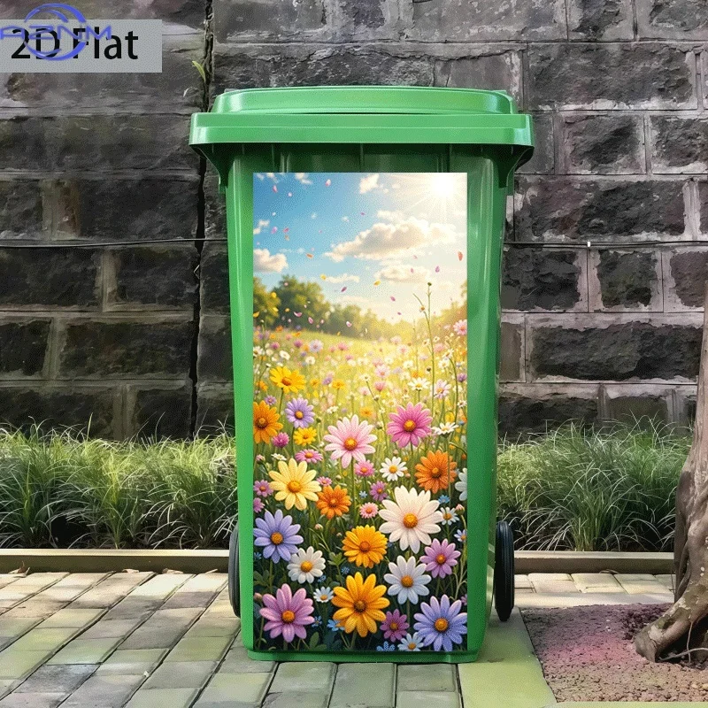 [2D Flat Printing]1pc Trash Can Sticker[37×82 Cm] Floral Sea Bathing in Sunlight Theme Design Wall Sticker Self-Adhesive Wallp