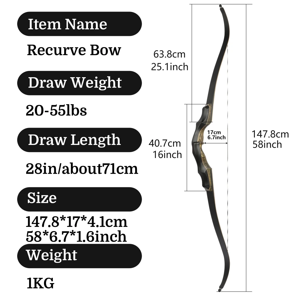 Archery Recurve Bow Arrow Set 62" High-Density Technical Wood Riser Detachable Adults Hunter Outdoor Hunting Target Shooting - view 2