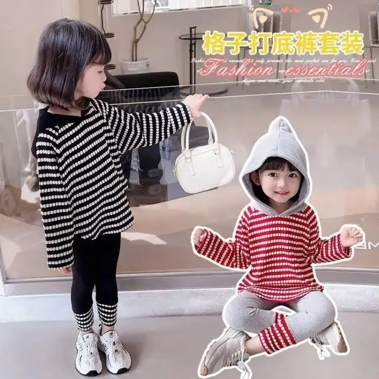 2026 girls clothes autumn splicing striped sweatshirt t-shirt hooded + stretch pants leggings teens child set 8 9 10 11 12 year