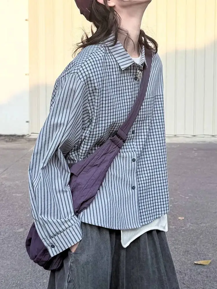 

Blue Striped Women Plaid Spliced Big Size Blouse New Lapel Long Sleeve Shirt Fashion Spring Autumn 2026 95SS