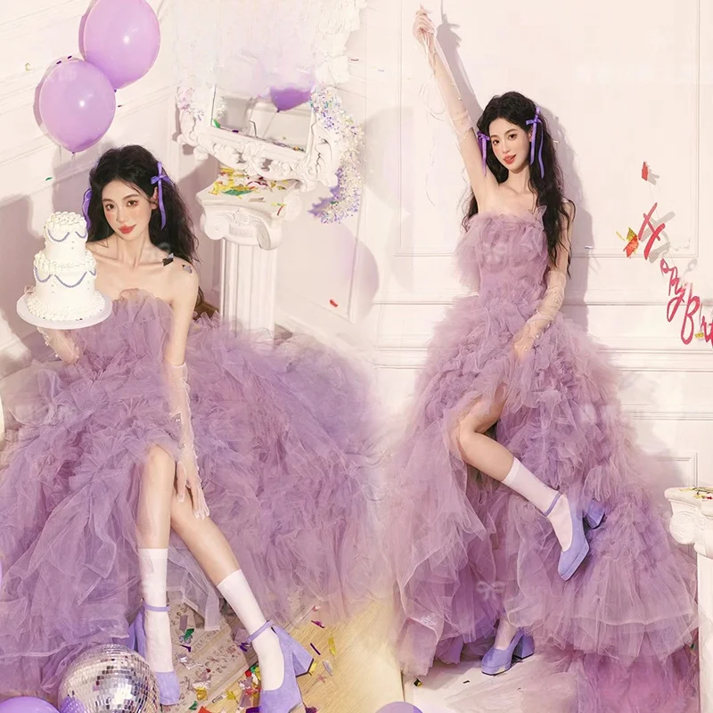 

New Arrival Sweet Korean Style Art Photo Shoot Wedding Dress Light Purple Art Stage Costume for Girls Photography Studio