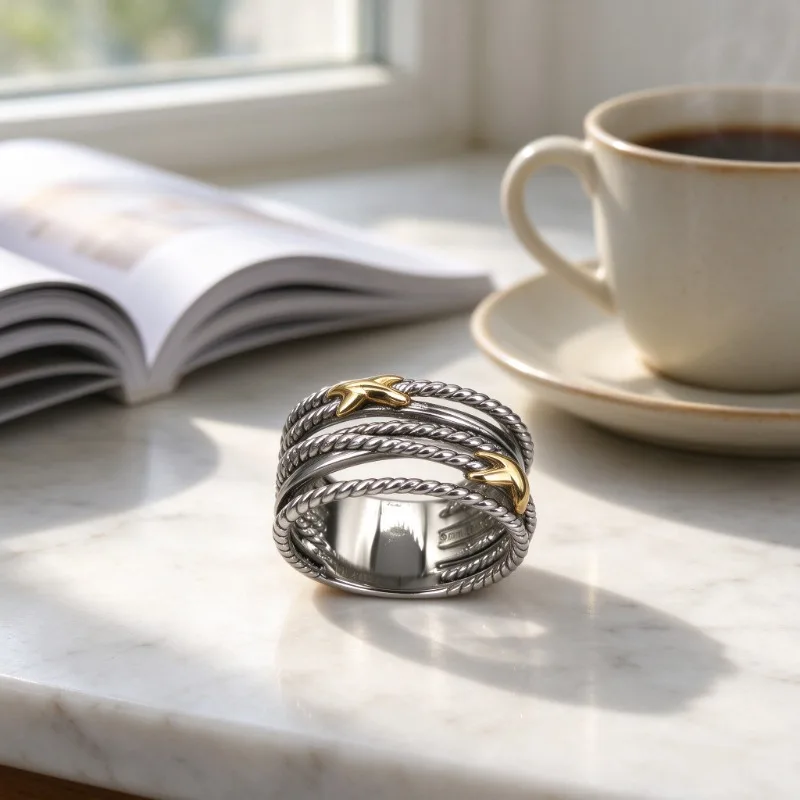 Elegant Twisted Cable Band Ring For Ladies Retro Braided Wire Design Alloy Finger Ring Trendy Statement Jewelry For Party Wedding And Birthday Gifts