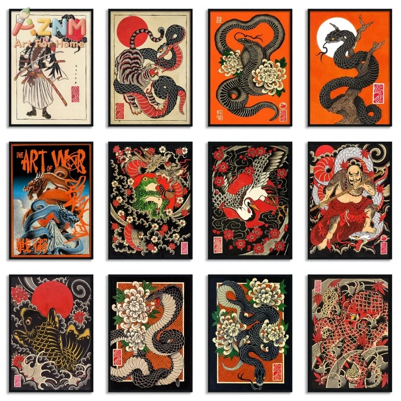 Japanisches Samurai-Kunstposter, Vintage-Klassiker-Druck, Leinwandgemälde, abstrakter Maximalismus, Wandkunst, Bild für Zimmer, Heimdekoration