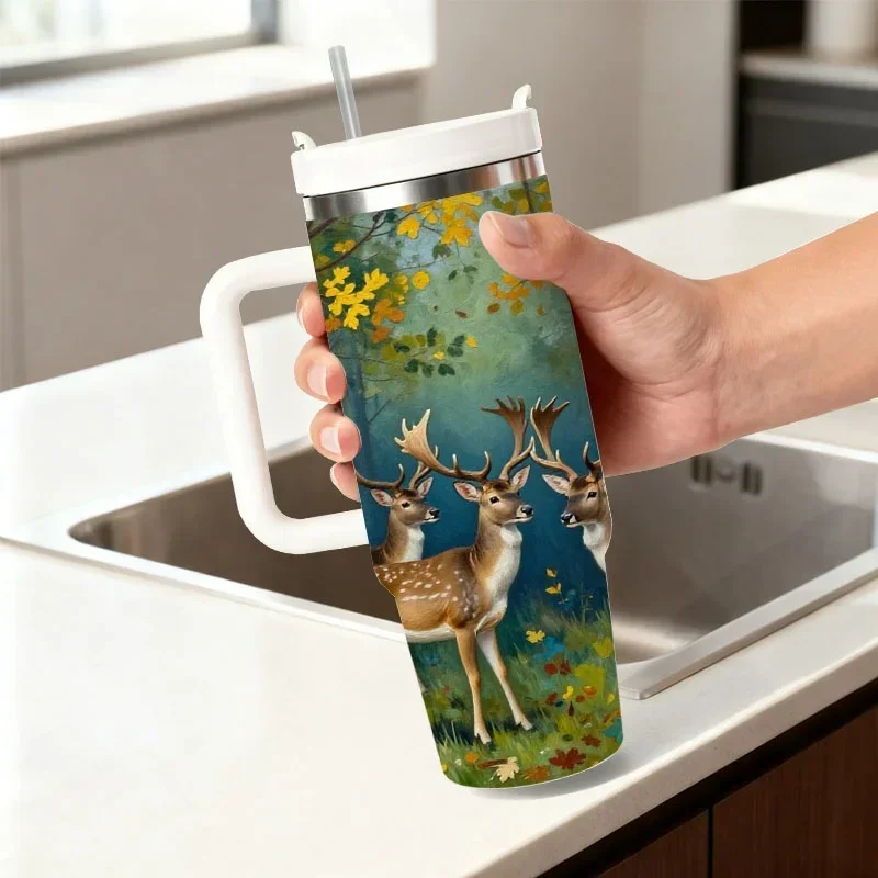 40Oz Stainless Steel Insulated Tumbler, Digital Print Autumn Forest Deer Pattern, Reusable Hot And Cold Drink Cup for Everyday Commute, Office, Outdoor Travel Use
