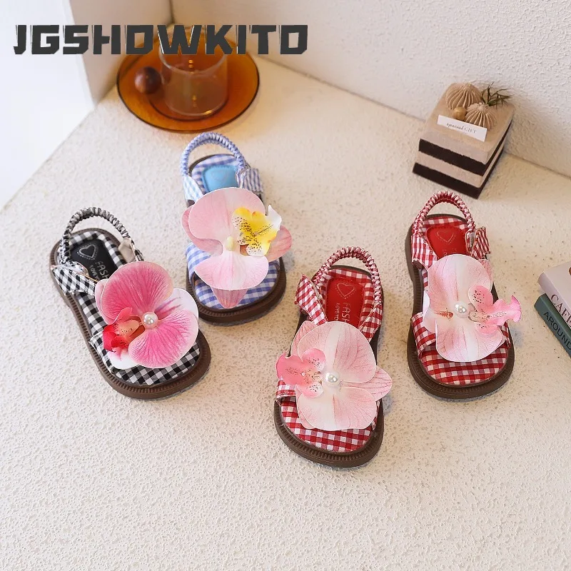 JGSHOWKITO Summer Kids Princess Dress Sandals New Floral Decor Children Plaid Flat Shoes Outdoor Non-slip Girls Open-toe Sandals
