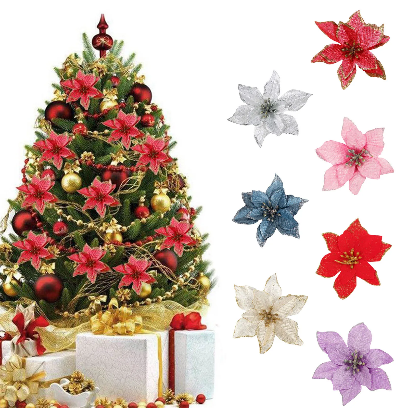 Glitter  Christmas Poinsettia Flowers Artificial Flower Tree Glitter Floral Picks Stem Ornaments Wreath Xmas Garlands Realistic