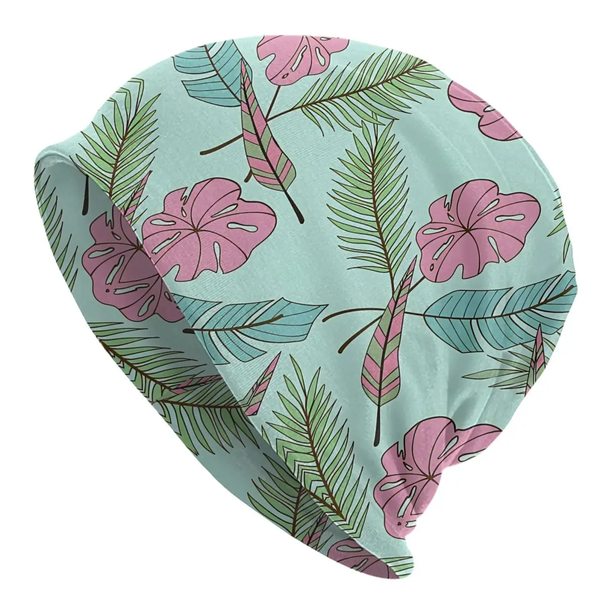 Coral Pink And Cyan Green Palm Monstera Tropical Leaves Pattern Comforter Autumn Female Thin Beanies Double Used Bonnet Hats