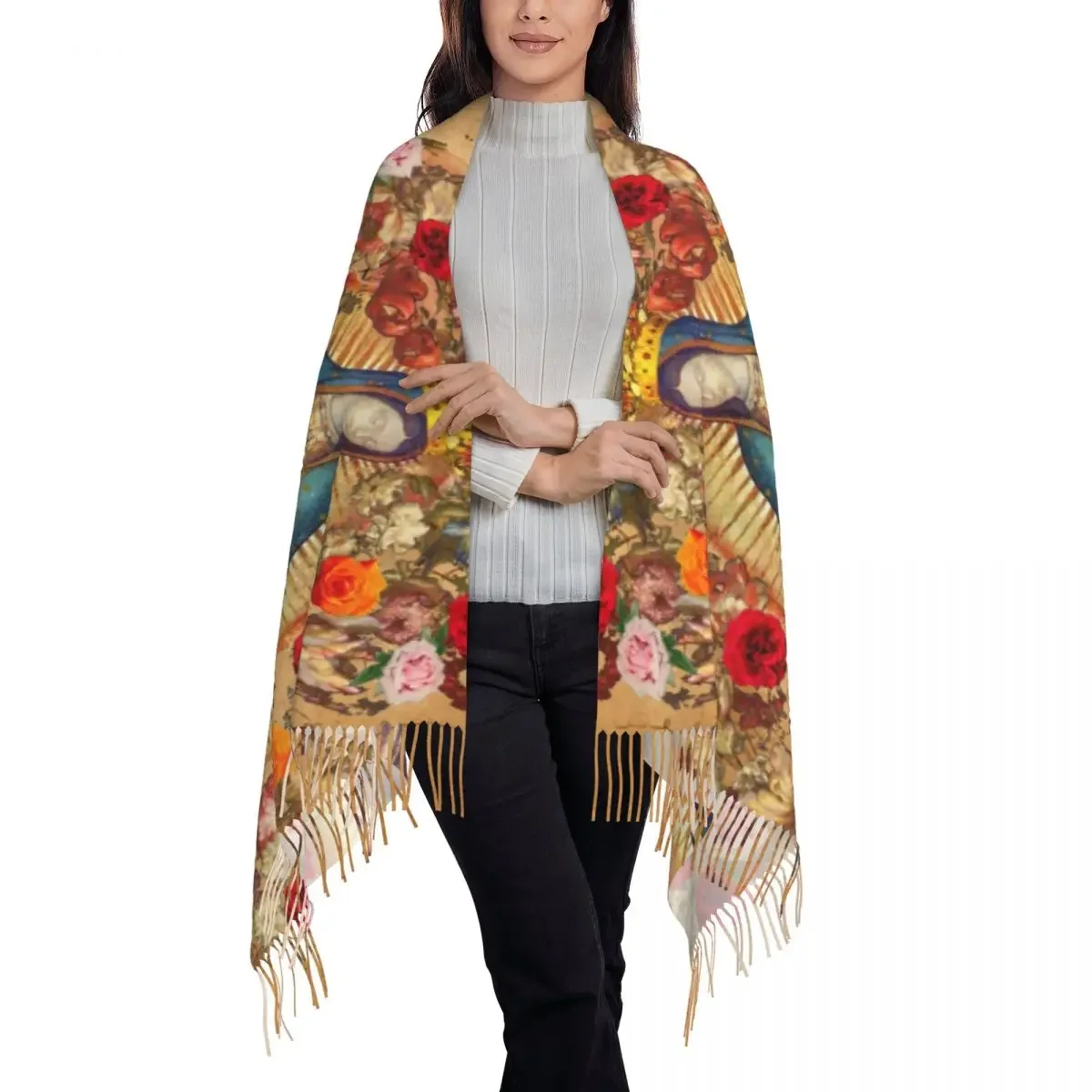 Ladies Long Our Lady Of Guadalupe Virgin Mary Scarves Women Winter Thick Warm Tassel Shawl Wrap Catholic Mexico Poster Scarf