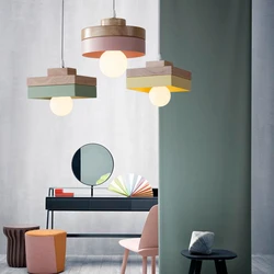 Nordic Modern Solid Wood Pendant Lights Multicolor Aluminum Lamp Shade Hanging Lamps for Home Restaurant Bar Hotel Cafe Decor